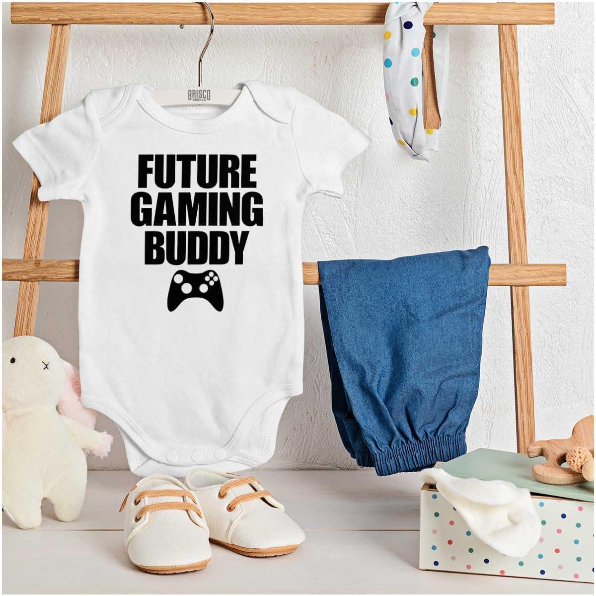 imageBrisco Brands Future Gaming Buddy Gamer Dad Joke Baby Romper Boys or GirlsWhite