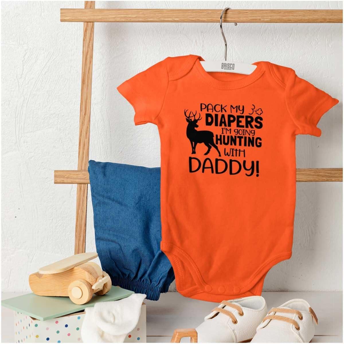 imageBrisco Brands Future Outdoor Buddy Fishing Hunting Baby Romper Boys or GirlsHunting With Daddy Orange