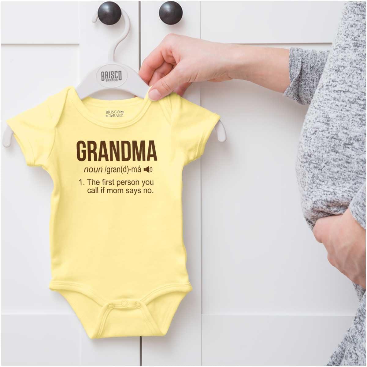 imageBrisco Brands Grandma First Person When Mom Says No Baby Romper Boys or GirlsBanana