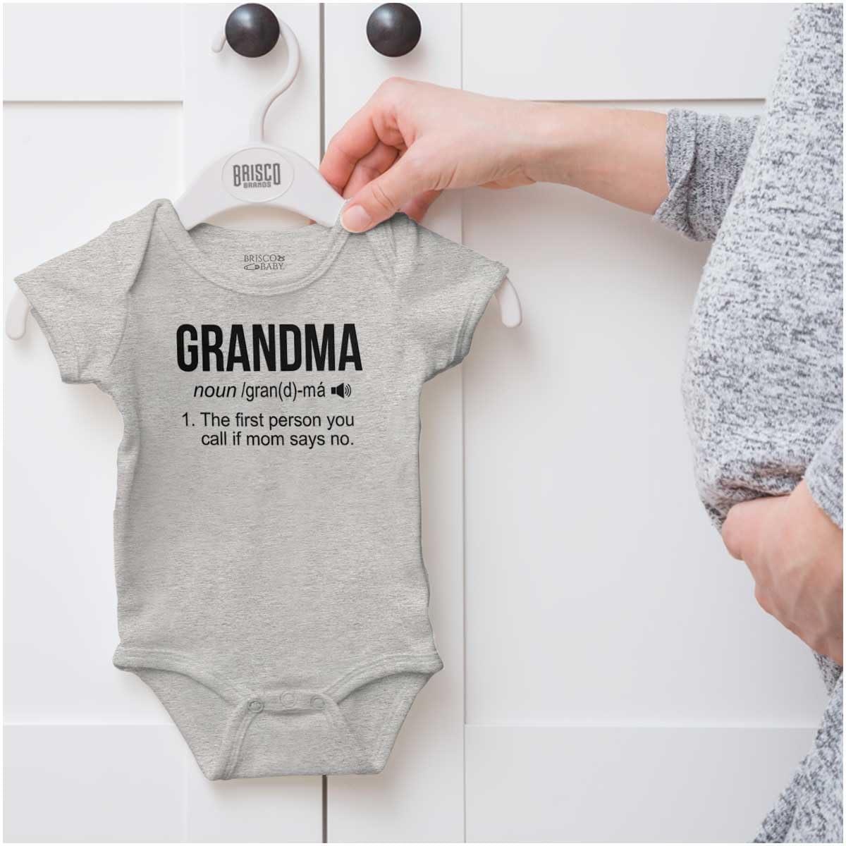 imageBrisco Brands Grandma First Person When Mom Says No Baby Romper Boys or GirlsHeather