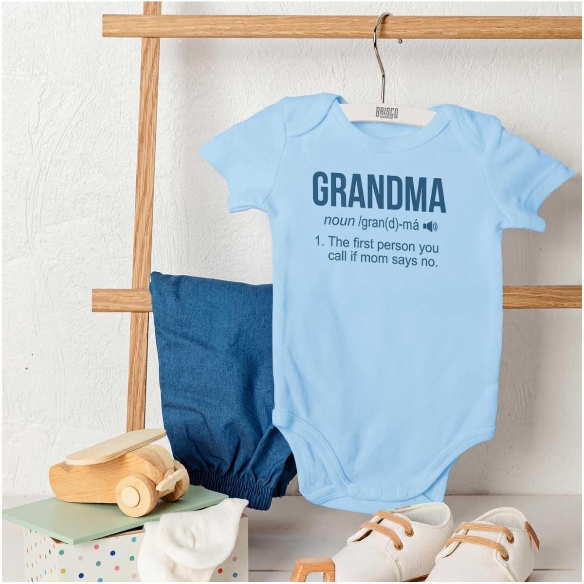 imageBrisco Brands Grandma First Person When Mom Says No Baby Romper Boys or GirlsLight Blue