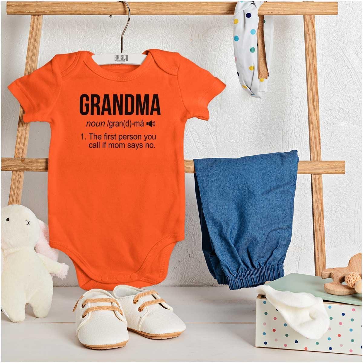 imageBrisco Brands Grandma First Person When Mom Says No Baby Romper Boys or GirlsOrange