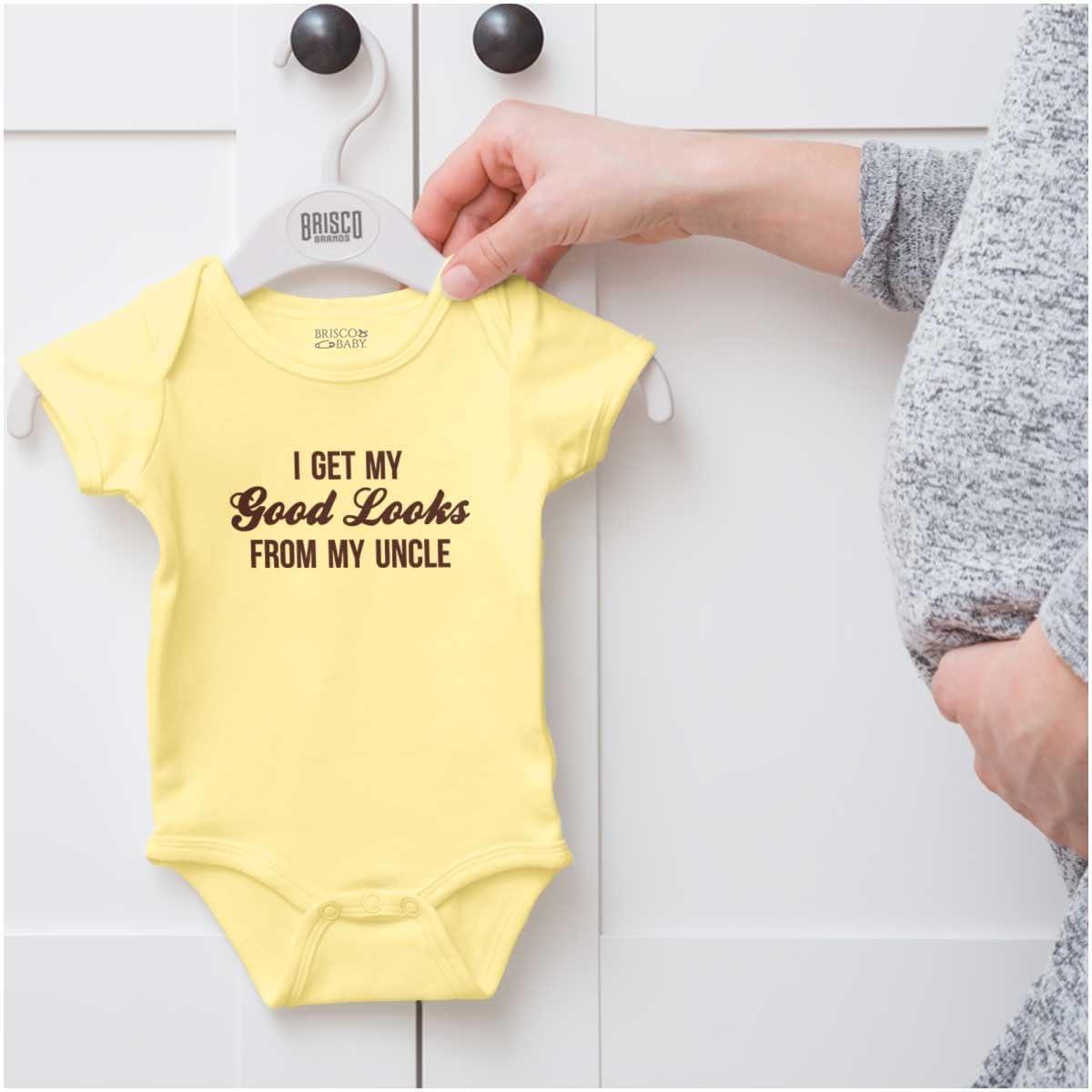 imageBrisco Brands I Get My Good Looks From My Uncle Baby Romper Boys or GirlsBanana