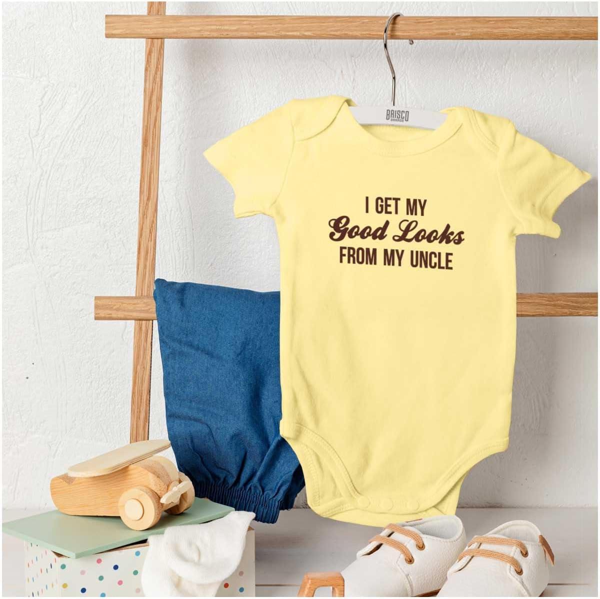 imageBrisco Brands I Get My Good Looks From My Uncle Baby Romper Boys or GirlsBanana