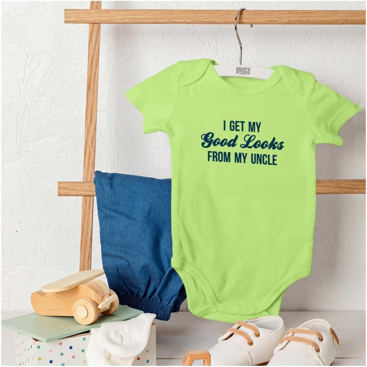 imageBrisco Brands I Get My Good Looks From My Uncle Baby Romper Boys or GirlsKey Lime