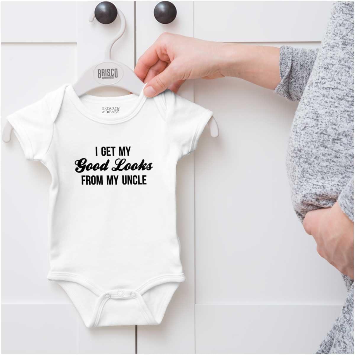 imageBrisco Brands I Get My Good Looks From My Uncle Baby Romper Boys or GirlsWhite