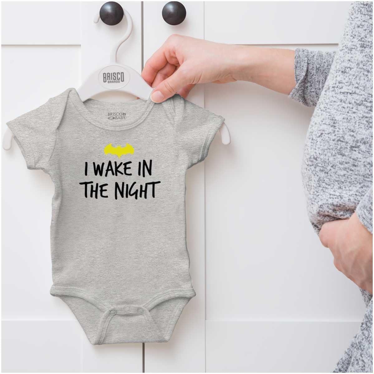 imageBrisco Brands I Wake in the Night Superhero Bat Baby Romper Boys or GirlsHeather