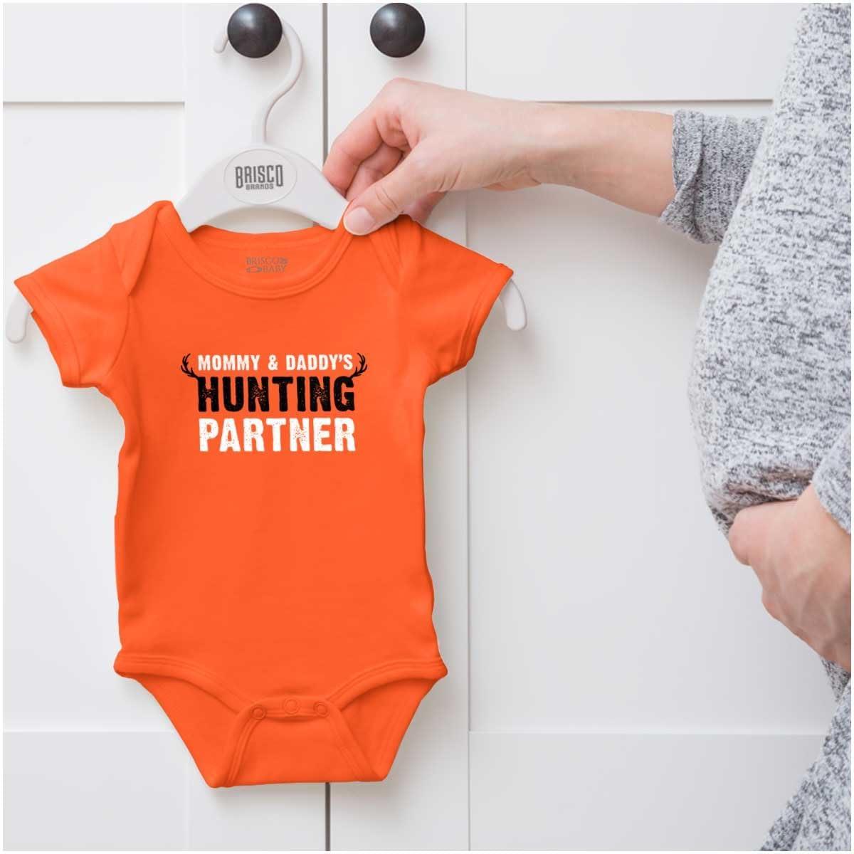 imageBrisco Brands Mommy and Daddys Hunting Partner Baby Romper Boys or GirlsOrange