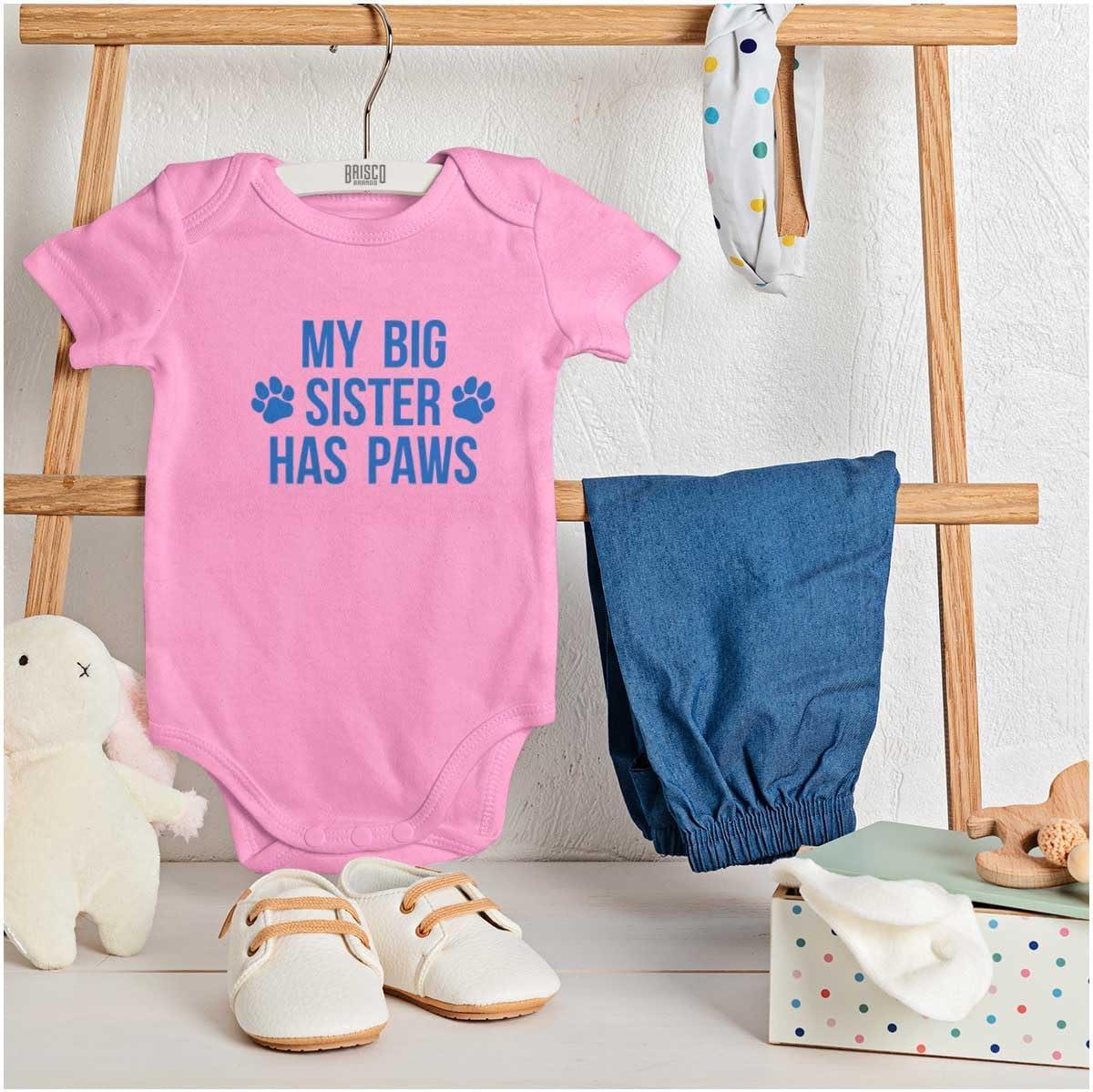 imageBrisco Brands My Big Sister Has Paws Baby Romper Boys or GirlsPink