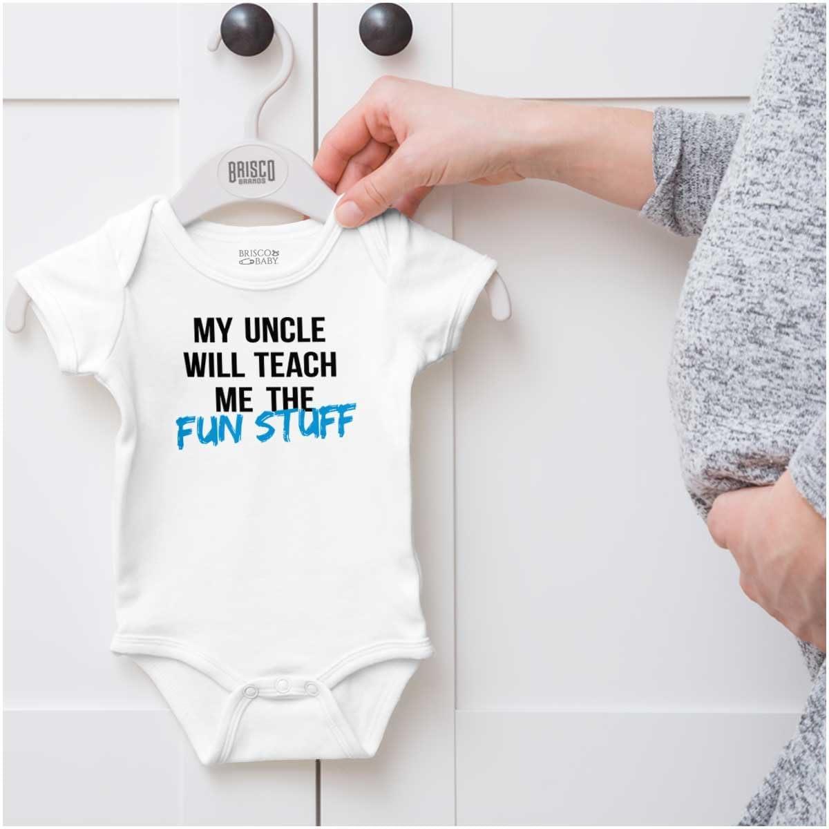 imageBrisco Brands My Uncle Will Teach Me The Fun Stuff Baby Romper Boys or GirlsWhite