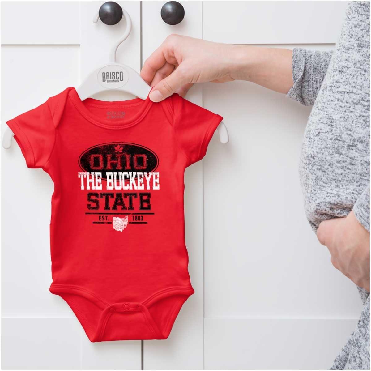 imageBrisco Brands Ohio OH Buckeye Leaf Logo Souvenir Baby Romper Boys or GirlsRed