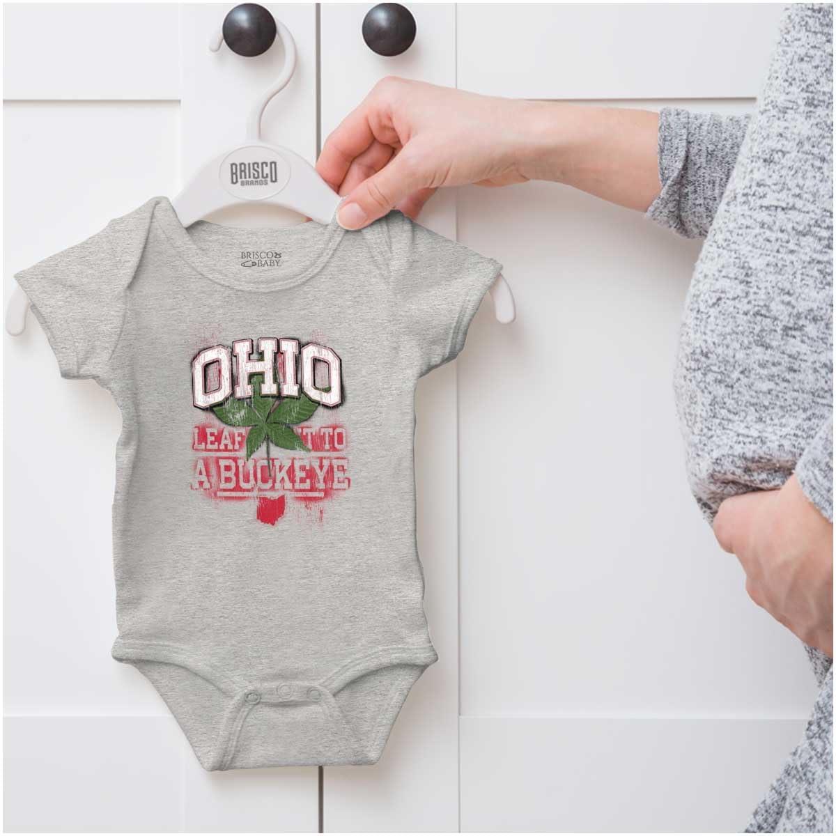 imageBrisco Brands Ohio Stenciled Buckeye Leaf OH Cool Baby Romper Boys or GirlsHeather