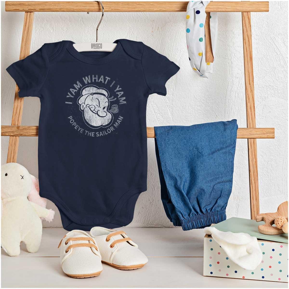 imageBrisco Brands Popeye Sailor Man Quote What I Yam Baby Romper Boys or GirlsNavy