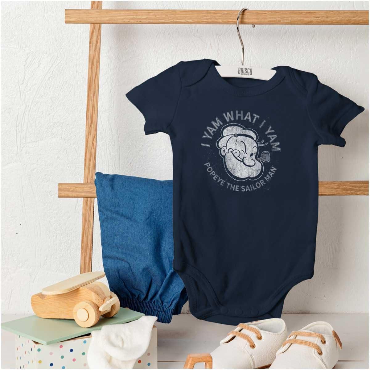 imageBrisco Brands Popeye Sailor Man Quote What I Yam Baby Romper Boys or GirlsNavy