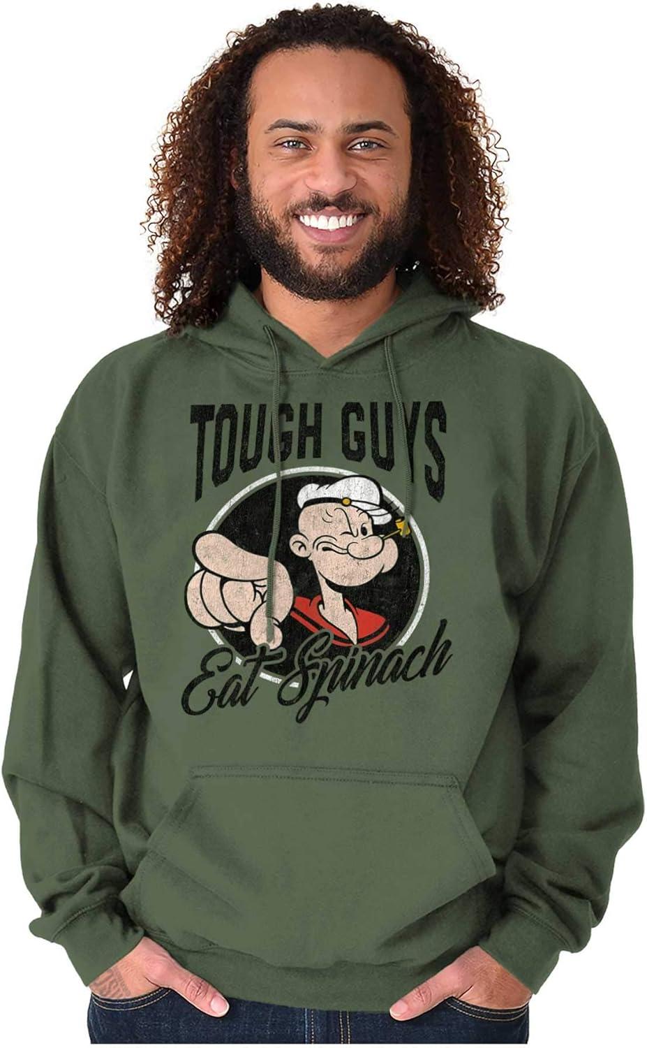 imageBrisco Brands Popeye Tough Guys Eat Spinach Funny Hoodie Hooded Sweatshirt MenMilitary Green