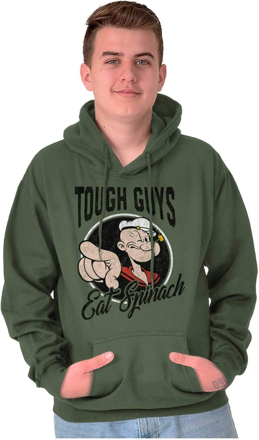 imageBrisco Brands Popeye Tough Guys Eat Spinach Funny Hoodie Hooded Sweatshirt MenMilitary Green