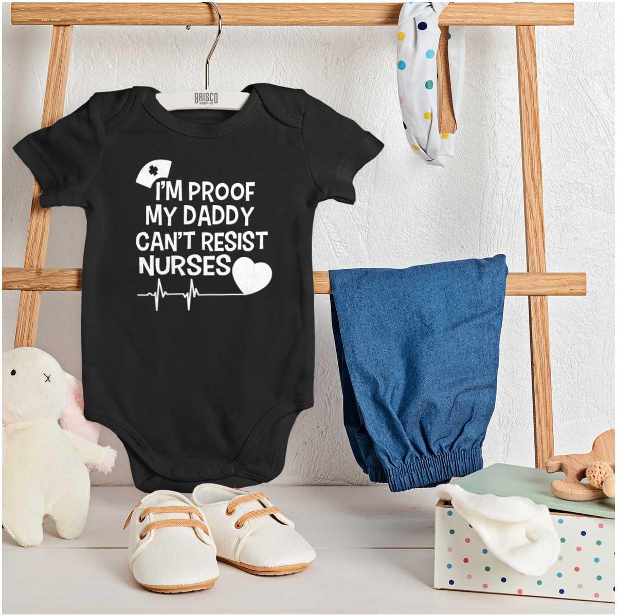 imageBrisco Brands Proof Daddy Cant Resist Nurses Heart Baby Romper Boys or GirlsBlack