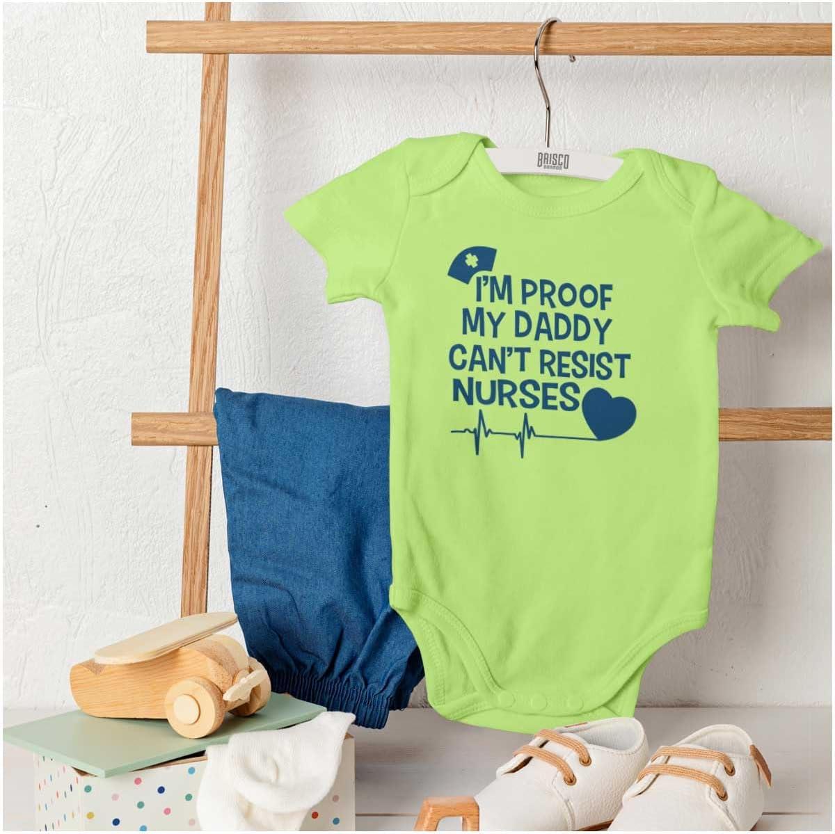 imageBrisco Brands Proof Daddy Cant Resist Nurses Heart Baby Romper Boys or GirlsKey Lime