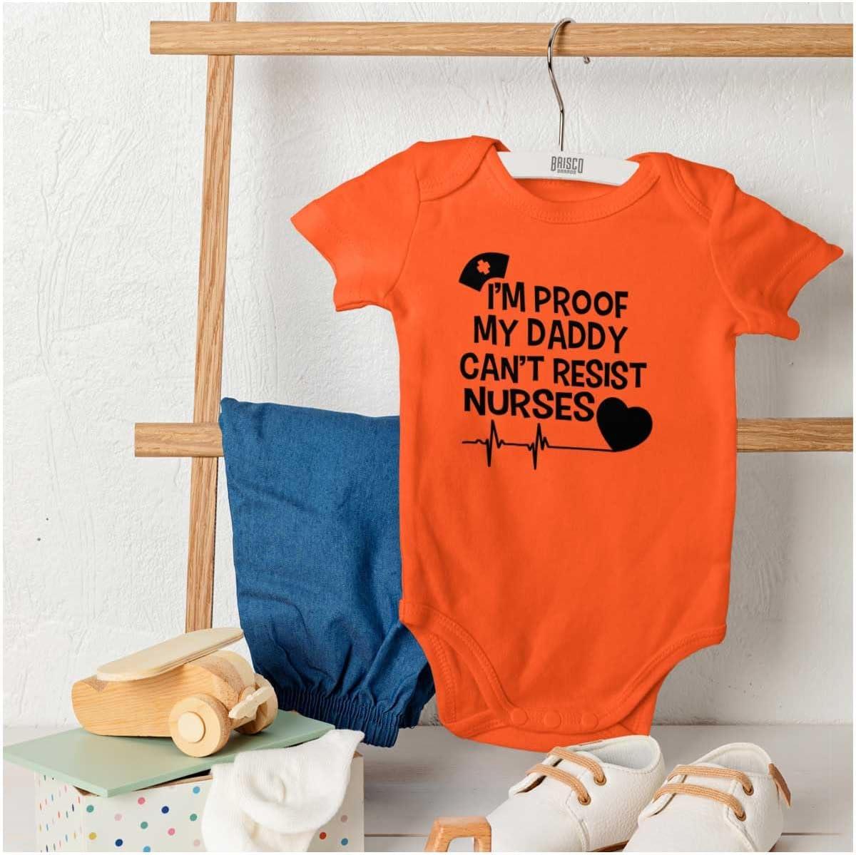 imageBrisco Brands Proof Daddy Cant Resist Nurses Heart Baby Romper Boys or GirlsOrange