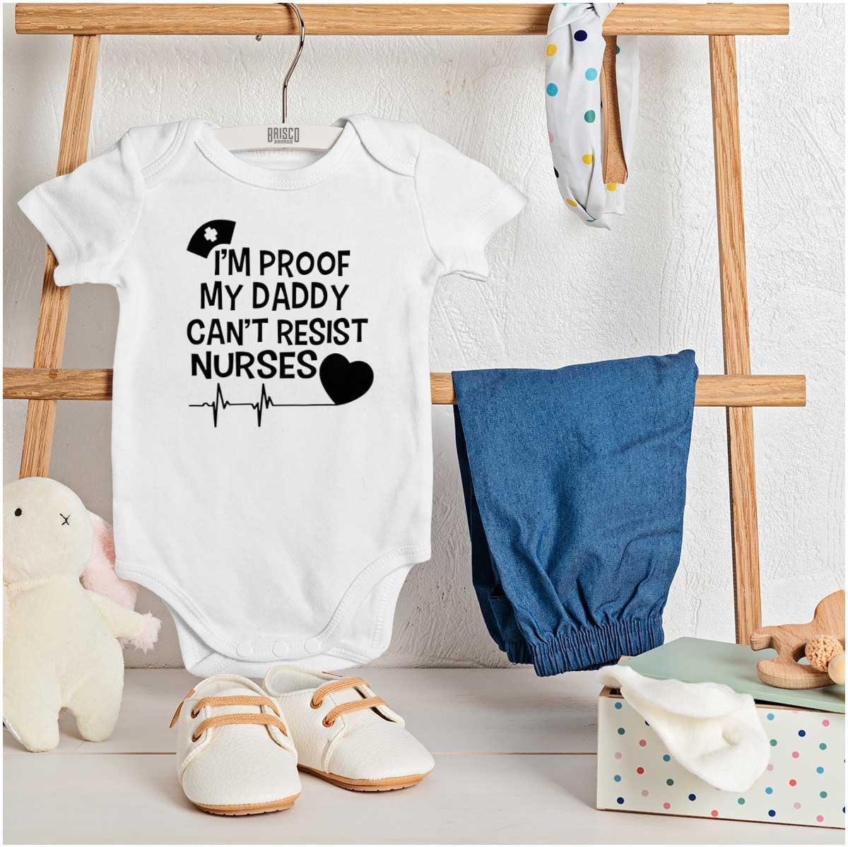 imageBrisco Brands Proof Daddy Cant Resist Nurses Heart Baby Romper Boys or GirlsWhite
