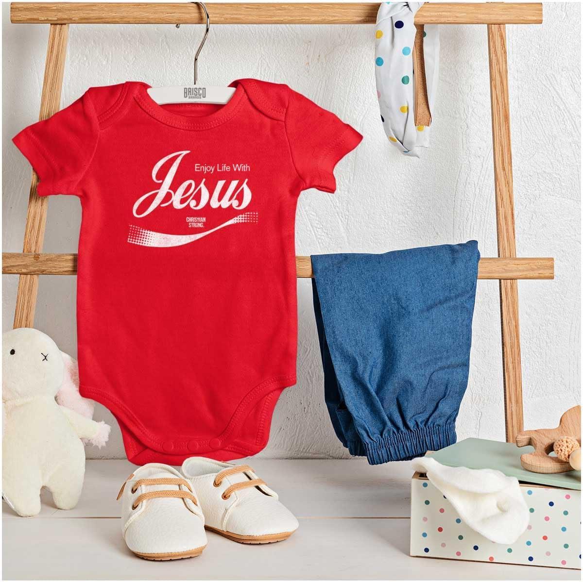 imageBrisco Brands Punny Christian Enjoy Life With Jesus Baby Romper Boys or GirlsRed