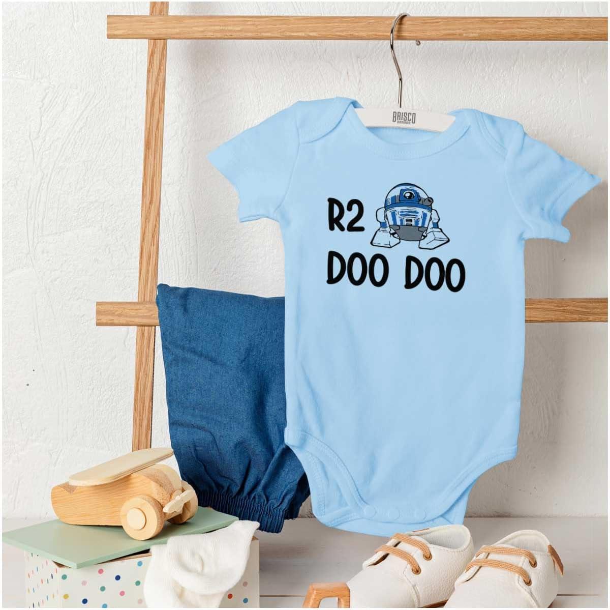 imageBrisco Brands R2 Doo Robot Droid Dark Galaxy Baby Romper Boys or GirlsLight Blue