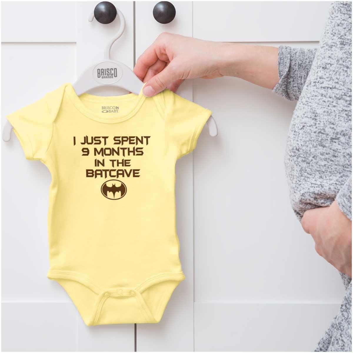 imageBrisco Brands Spent 9 Months in the Cave Superhero Baby Romper Boys or GirlsBanana