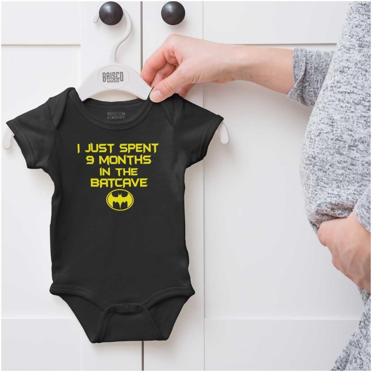 imageBrisco Brands Spent 9 Months in the Cave Superhero Baby Romper Boys or GirlsBlack