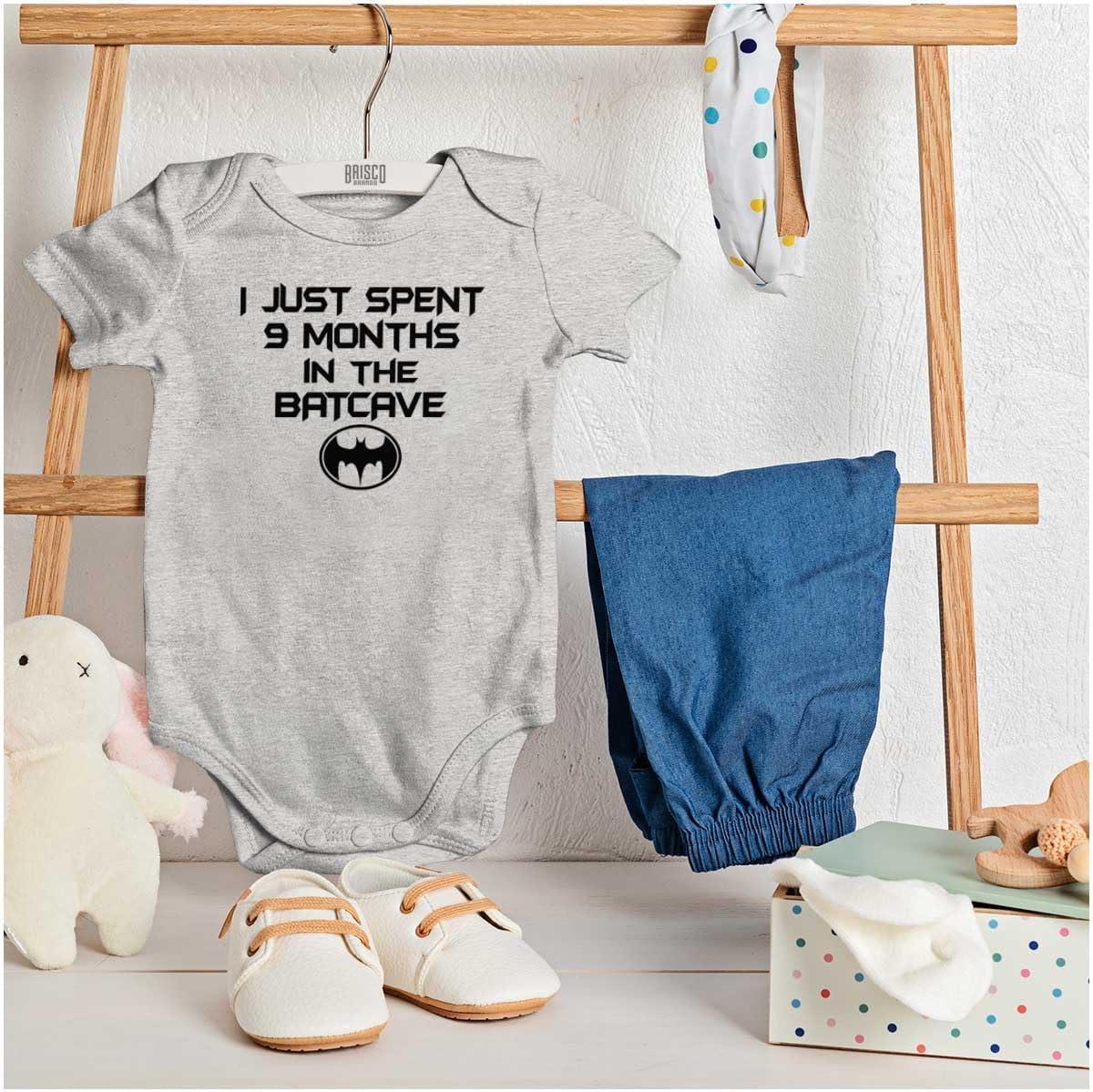 imageBrisco Brands Spent 9 Months in the Cave Superhero Baby Romper Boys or GirlsHeather