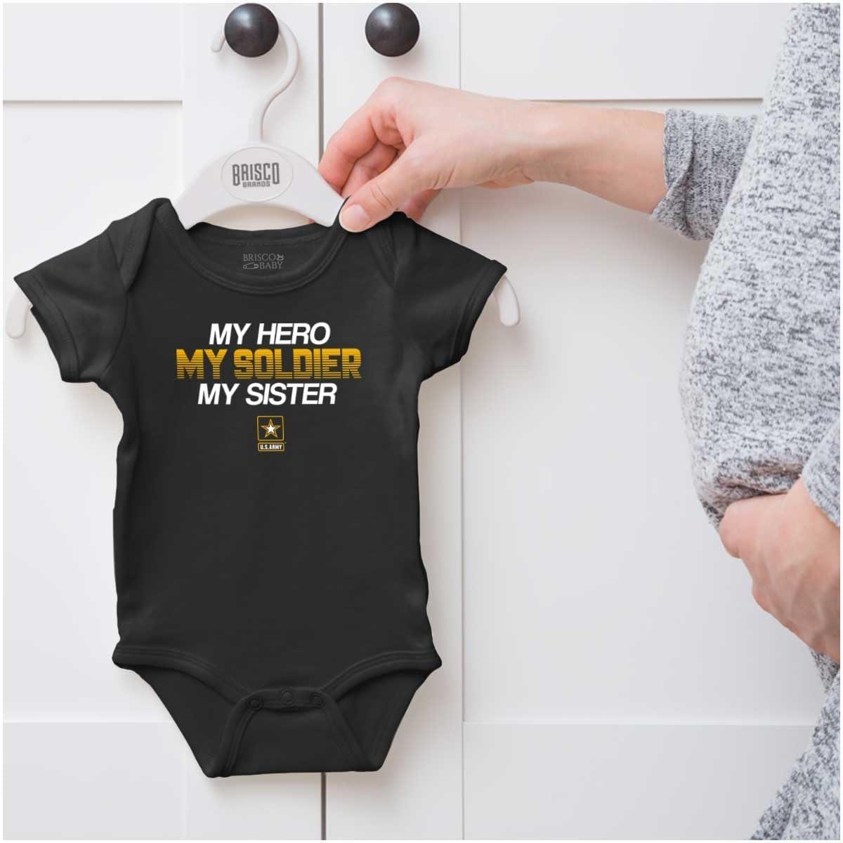 imageBrisco Brands US Army My Sister Soldier Hero Baby Romper Boys or GirlsBlack