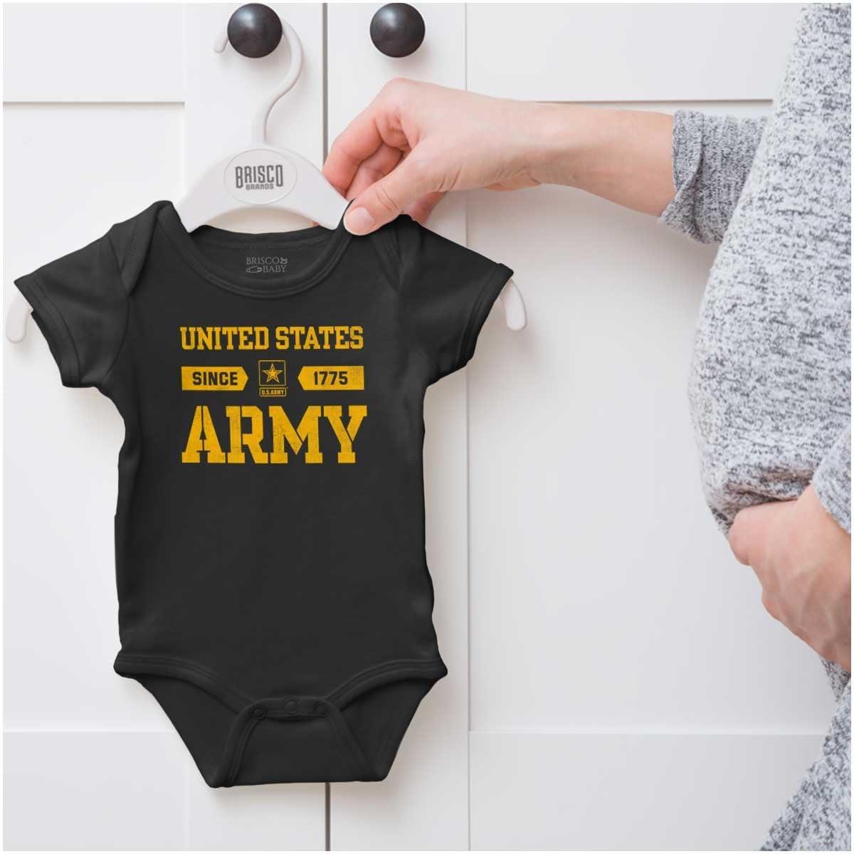 imageBrisco Brands US Army Soldier Veteran Proud Pride Baby Romper Boys or GirlsBlack