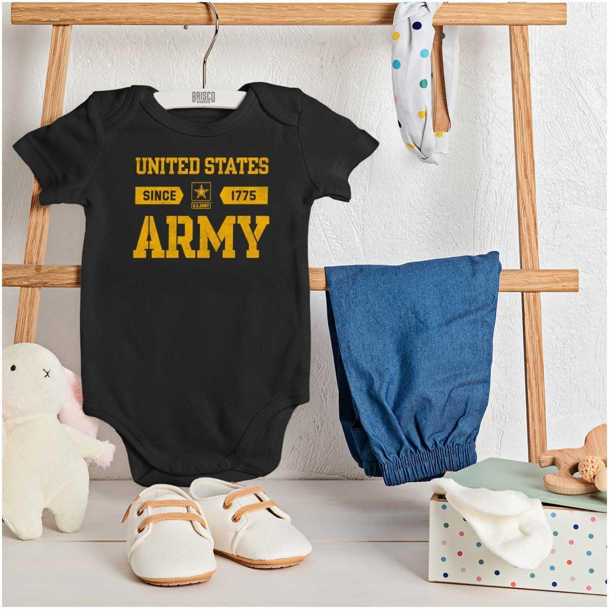 imageBrisco Brands US Army Soldier Veteran Proud Pride Baby Romper Boys or GirlsBlack