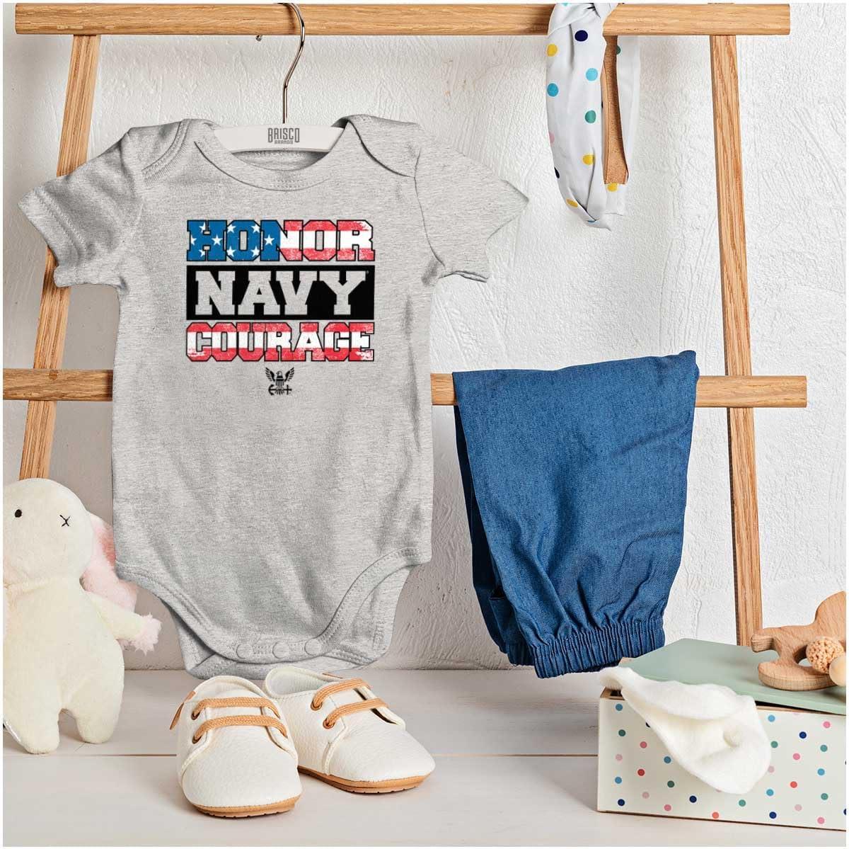 imageBrisco Brands US Navy Honor Courage American Flag Baby Romper Boys or GirlsHeather
