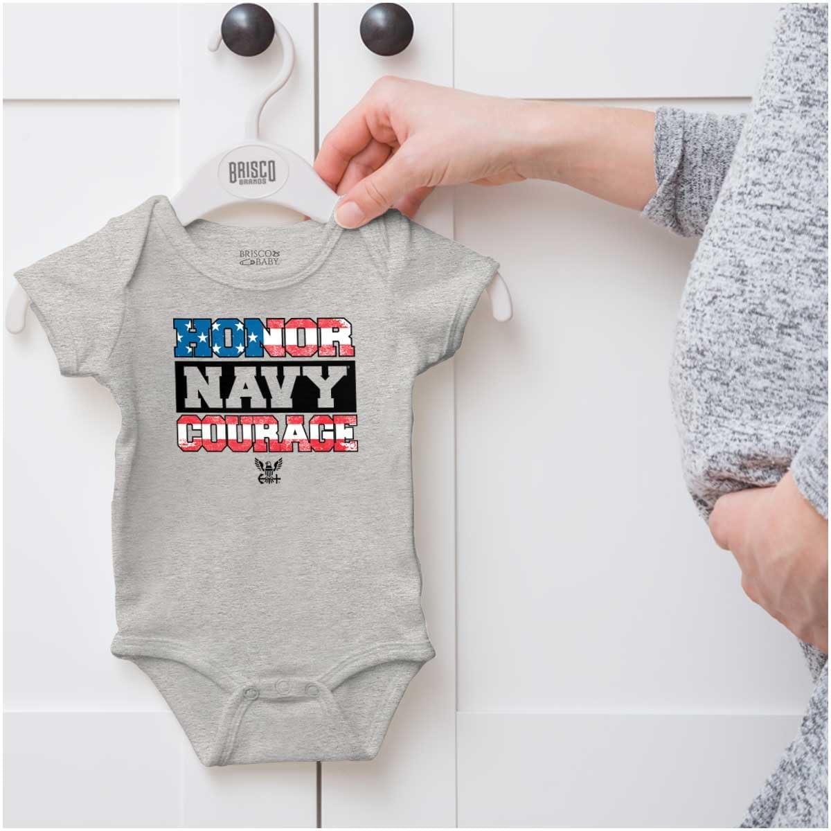 imageBrisco Brands US Navy Honor Courage American Flag Baby Romper Boys or GirlsHeather