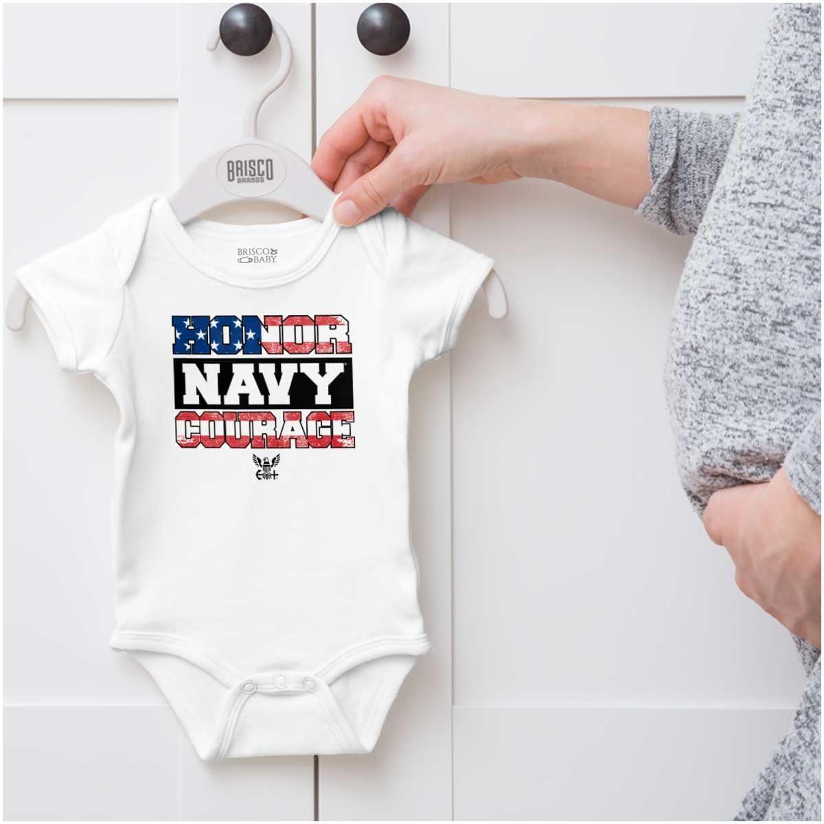 imageBrisco Brands US Navy Honor Courage American Flag Baby Romper Boys or GirlsWhite