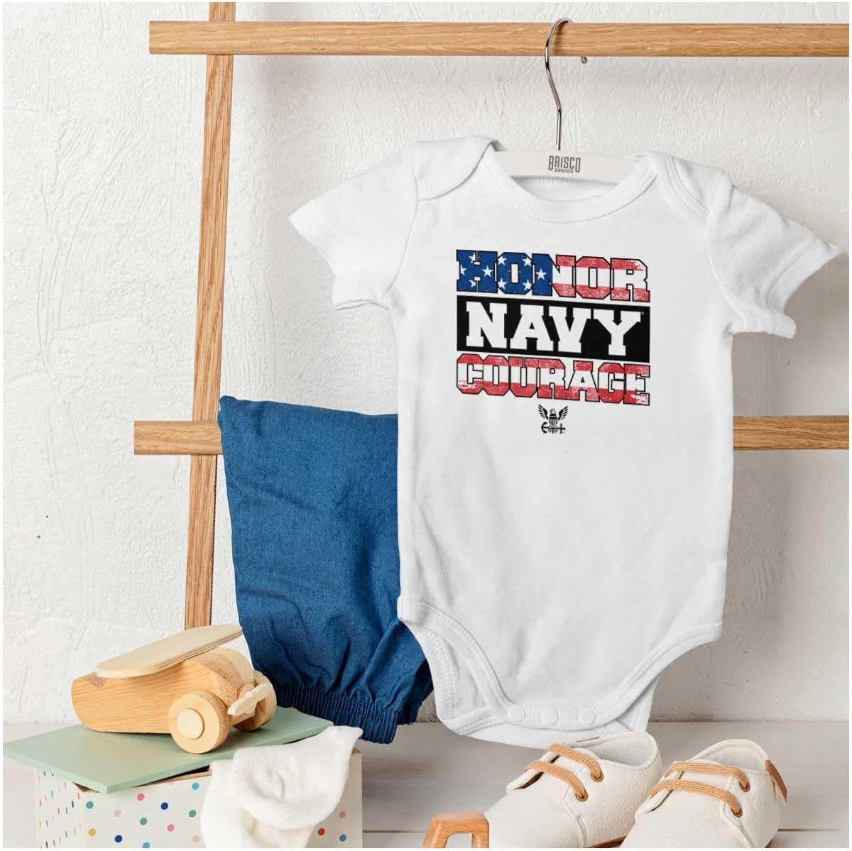 imageBrisco Brands US Navy Honor Courage American Flag Baby Romper Boys or GirlsWhite