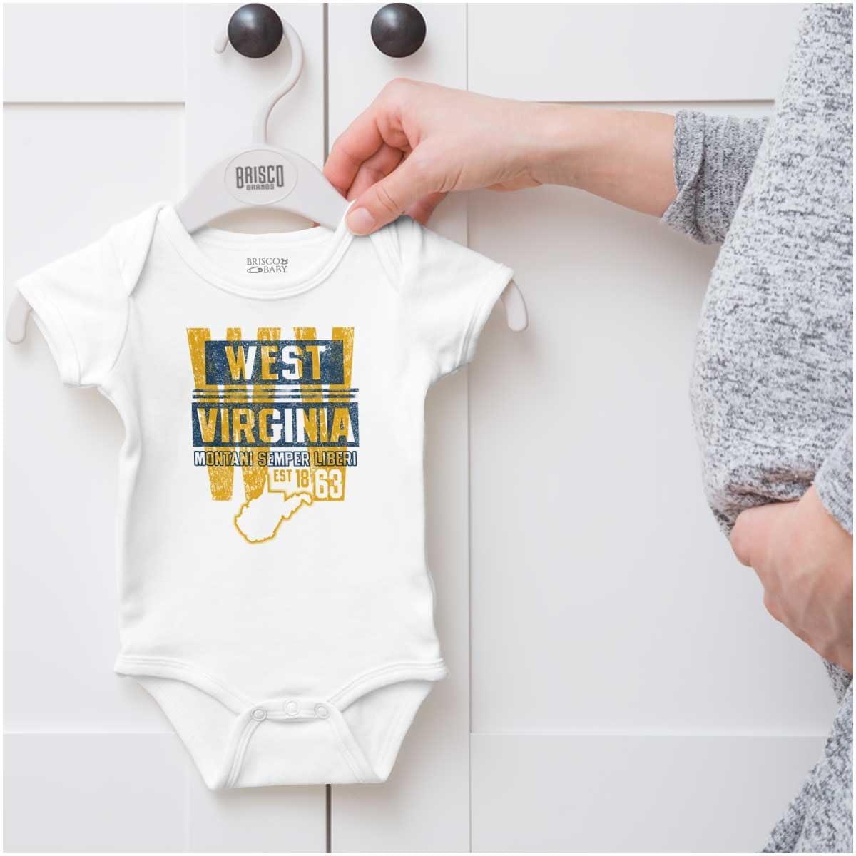 imageBrisco Brands West Virginia Student Team Uniform Baby Romper Boys or GirlsWhite