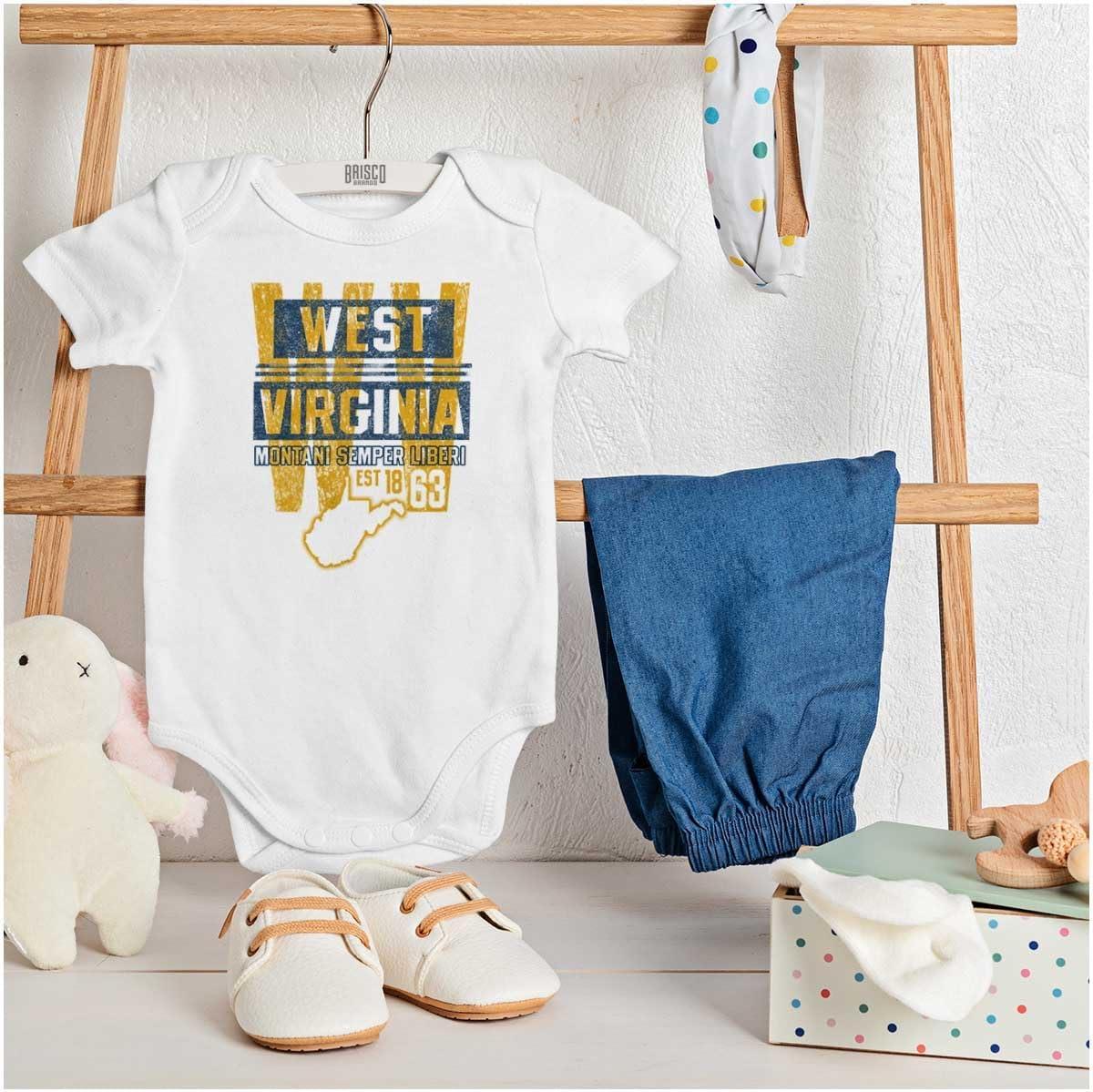 imageBrisco Brands West Virginia Student Team Uniform Baby Romper Boys or GirlsWhite
