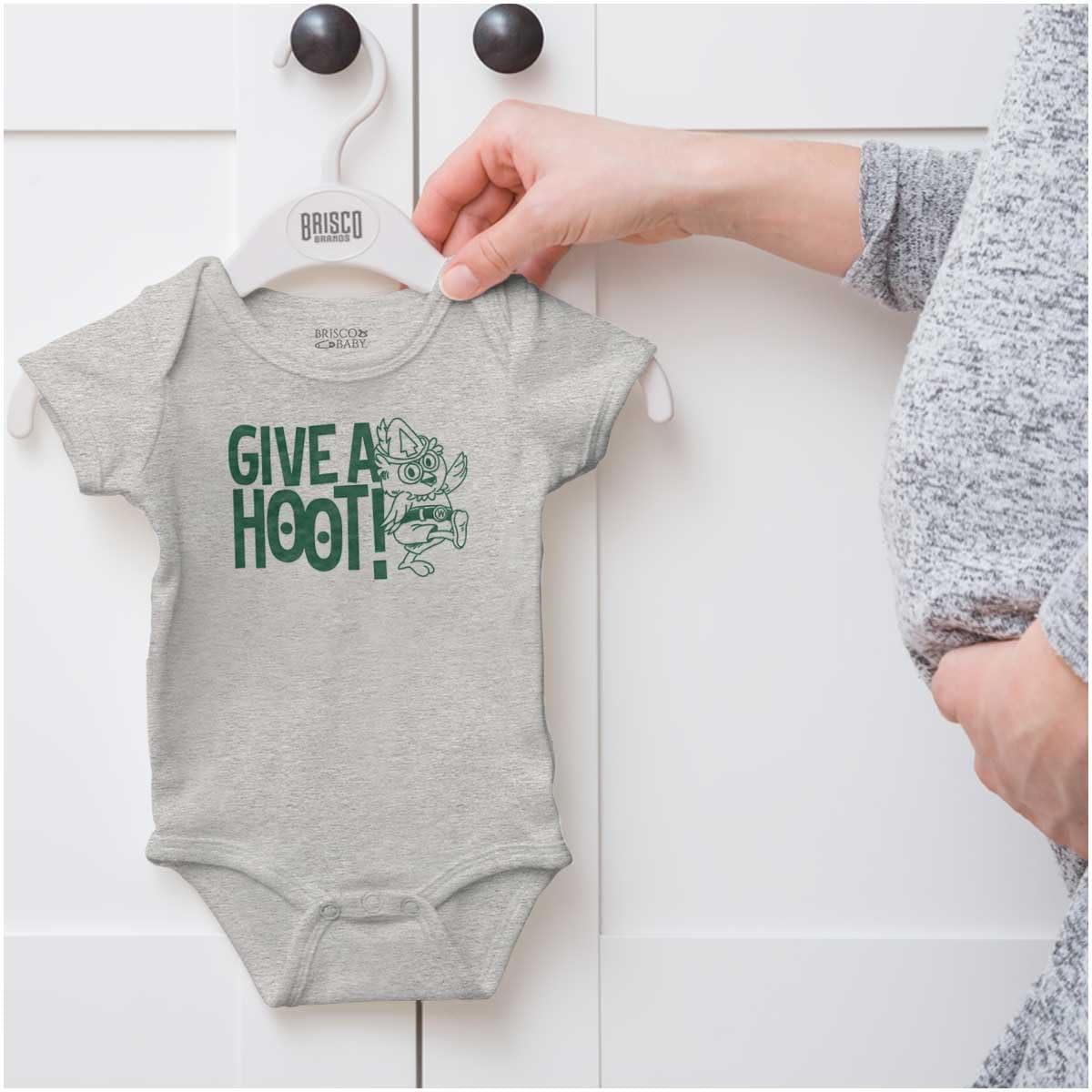 imageBrisco Brands Woodsy Owl Slogan Give a Hoot Baby Romper Boys or GirlsHeather