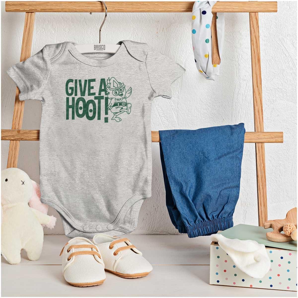 imageBrisco Brands Woodsy Owl Slogan Give a Hoot Baby Romper Boys or GirlsHeather