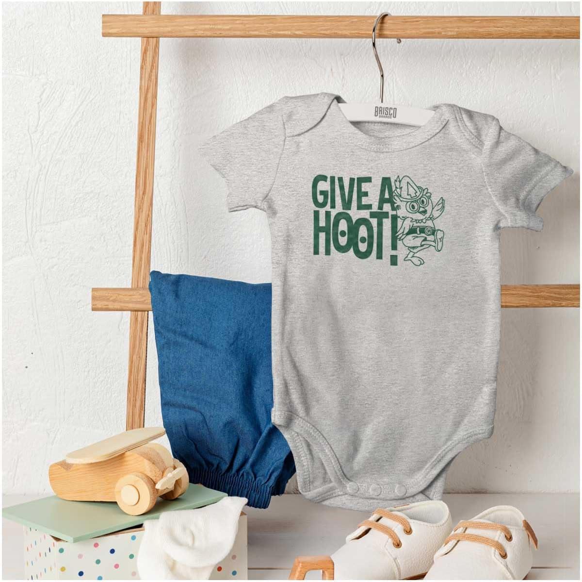 imageBrisco Brands Woodsy Owl Slogan Give a Hoot Baby Romper Boys or GirlsHeather