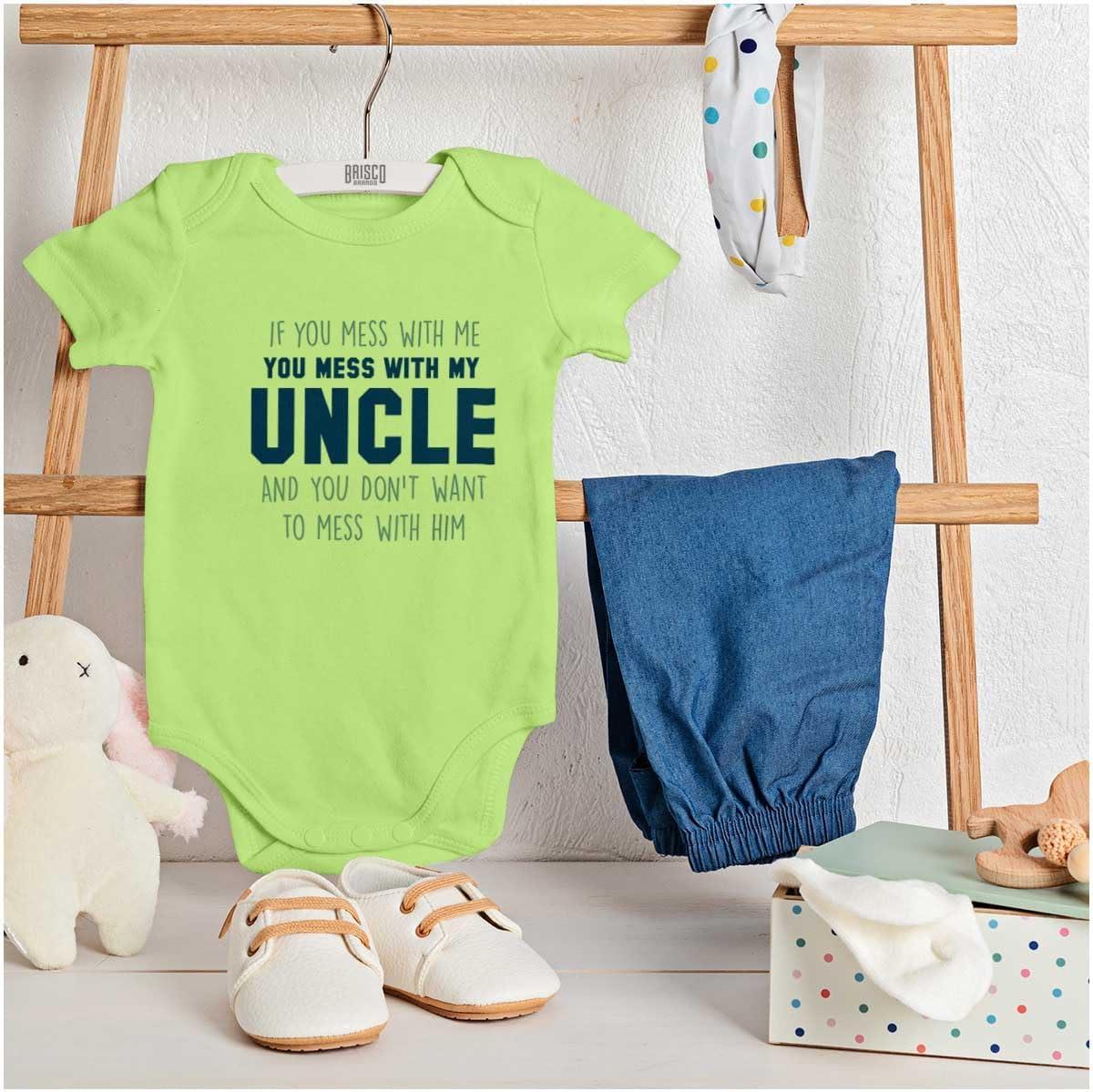 imageBrisco Brands You Mess With My Uncle Baby Romper Boys or GirlsKey Lime