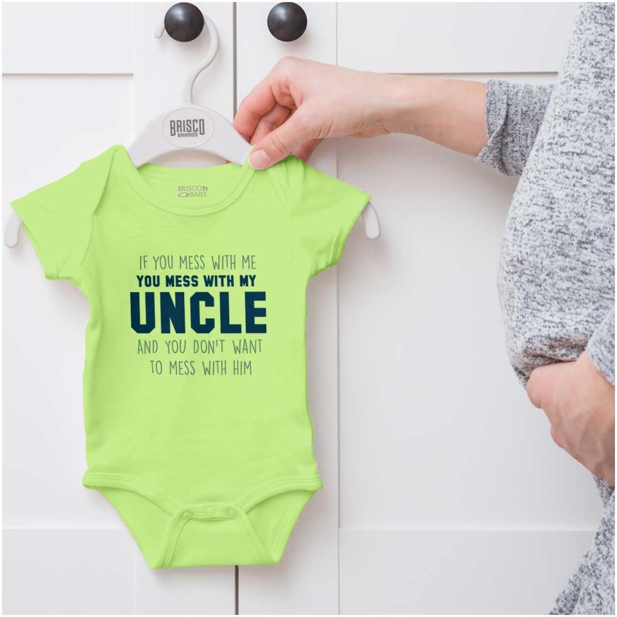 imageBrisco Brands You Mess With My Uncle Baby Romper Boys or GirlsKey Lime