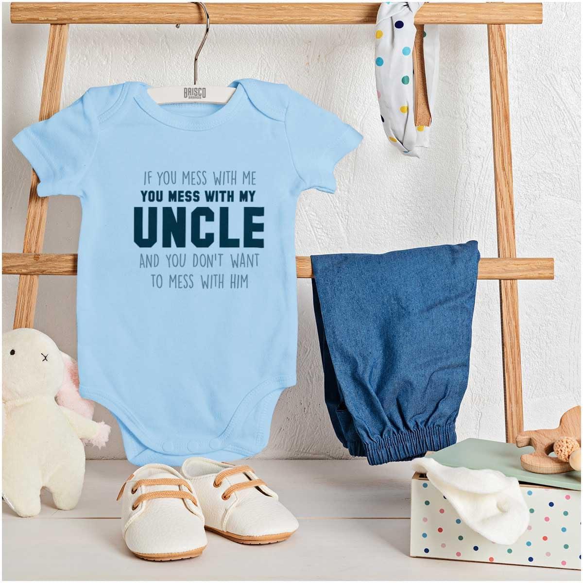 imageBrisco Brands You Mess With My Uncle Baby Romper Boys or GirlsLight Blue