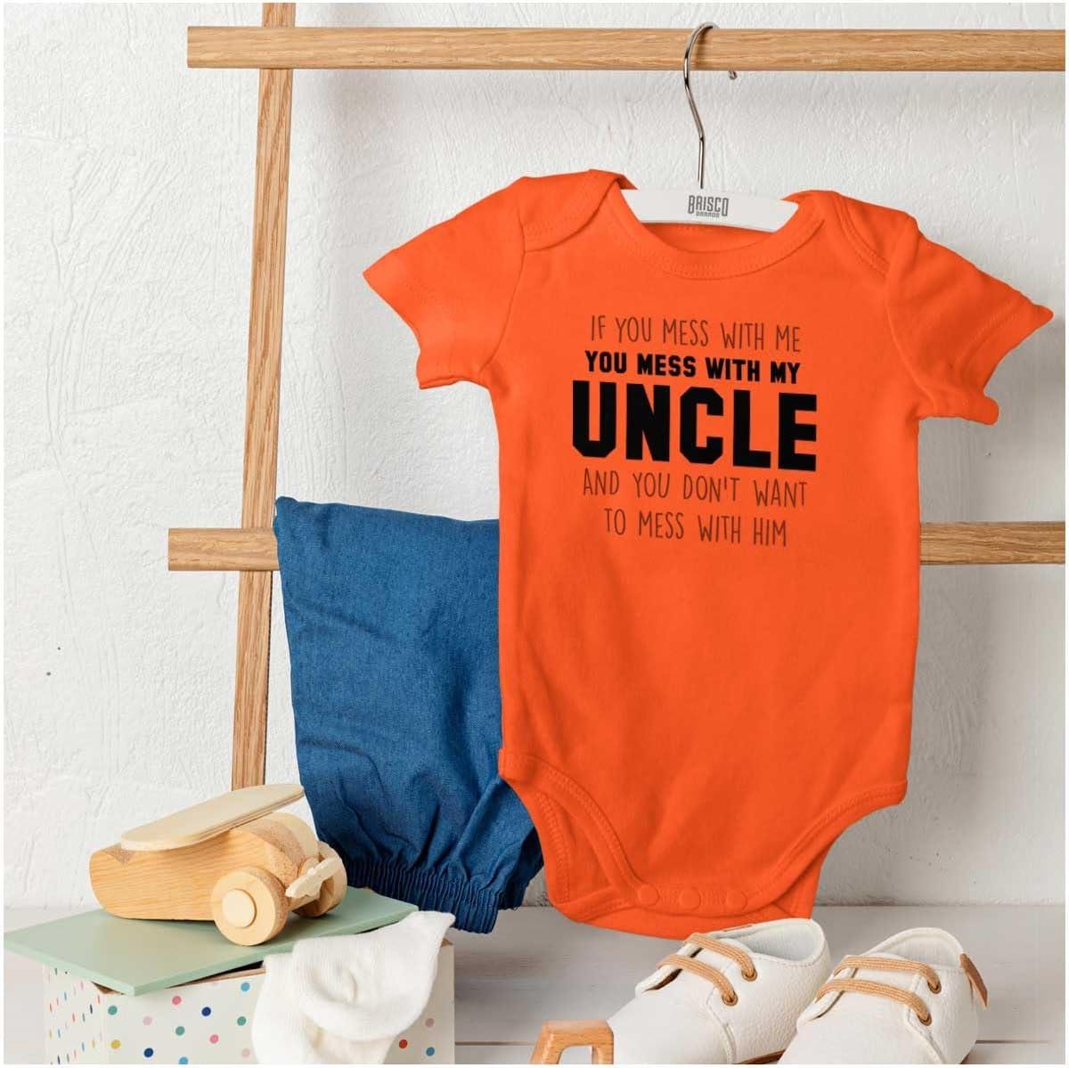 imageBrisco Brands You Mess With My Uncle Baby Romper Boys or GirlsOrange