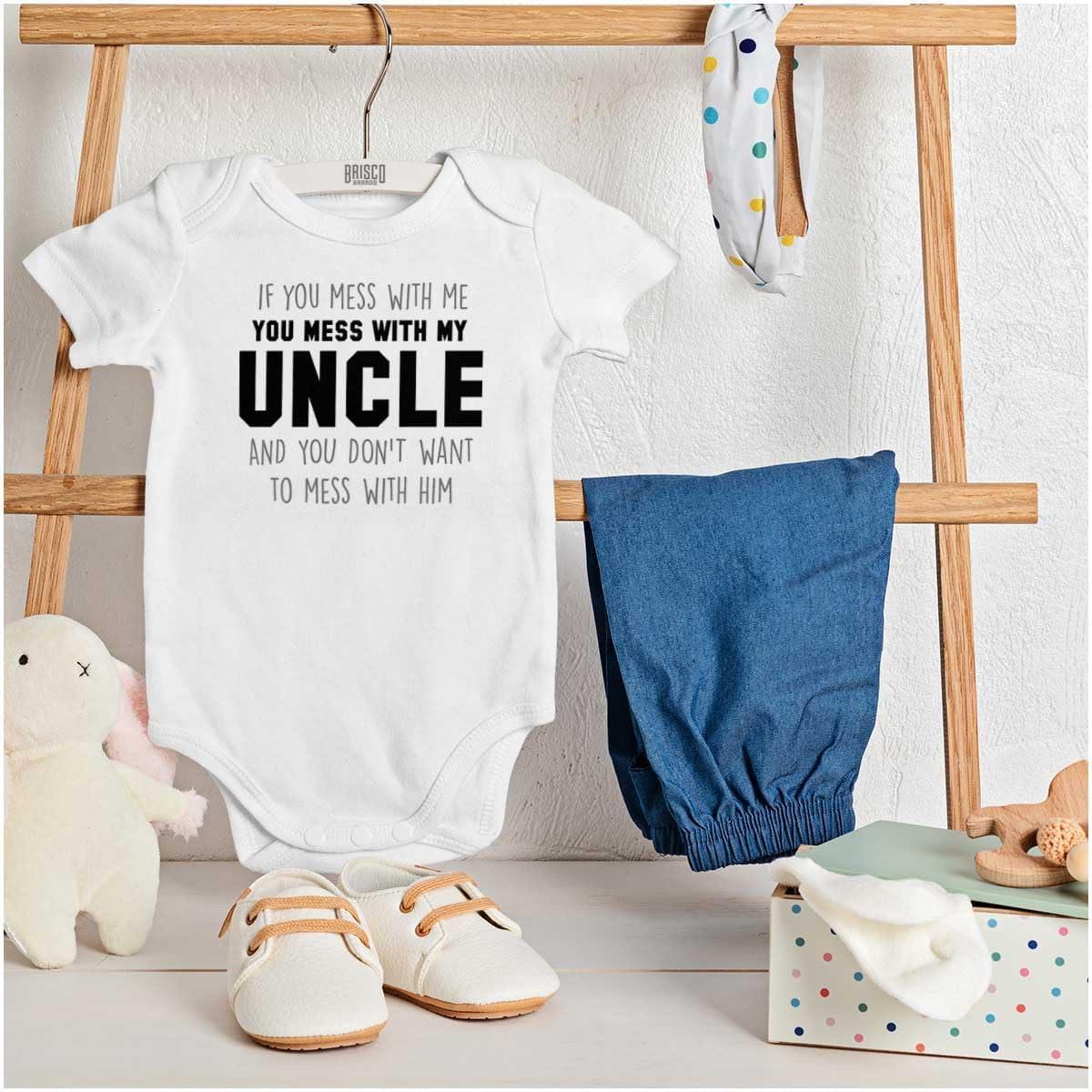 imageBrisco Brands You Mess With My Uncle Baby Romper Boys or GirlsWhite