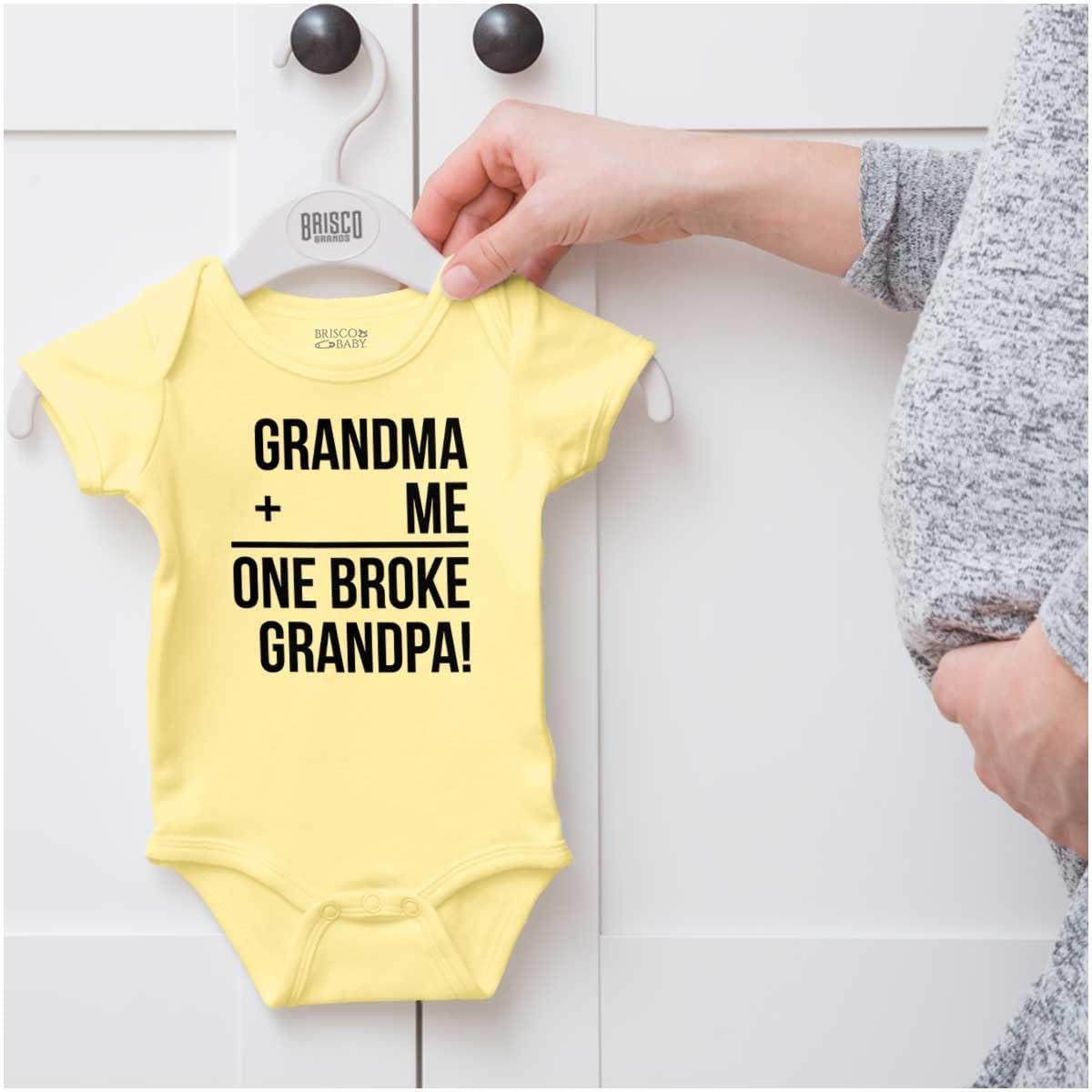 imageGrandma Plus Me Is One Broke Grandpa Baby Romper Boys or GirlsBanana