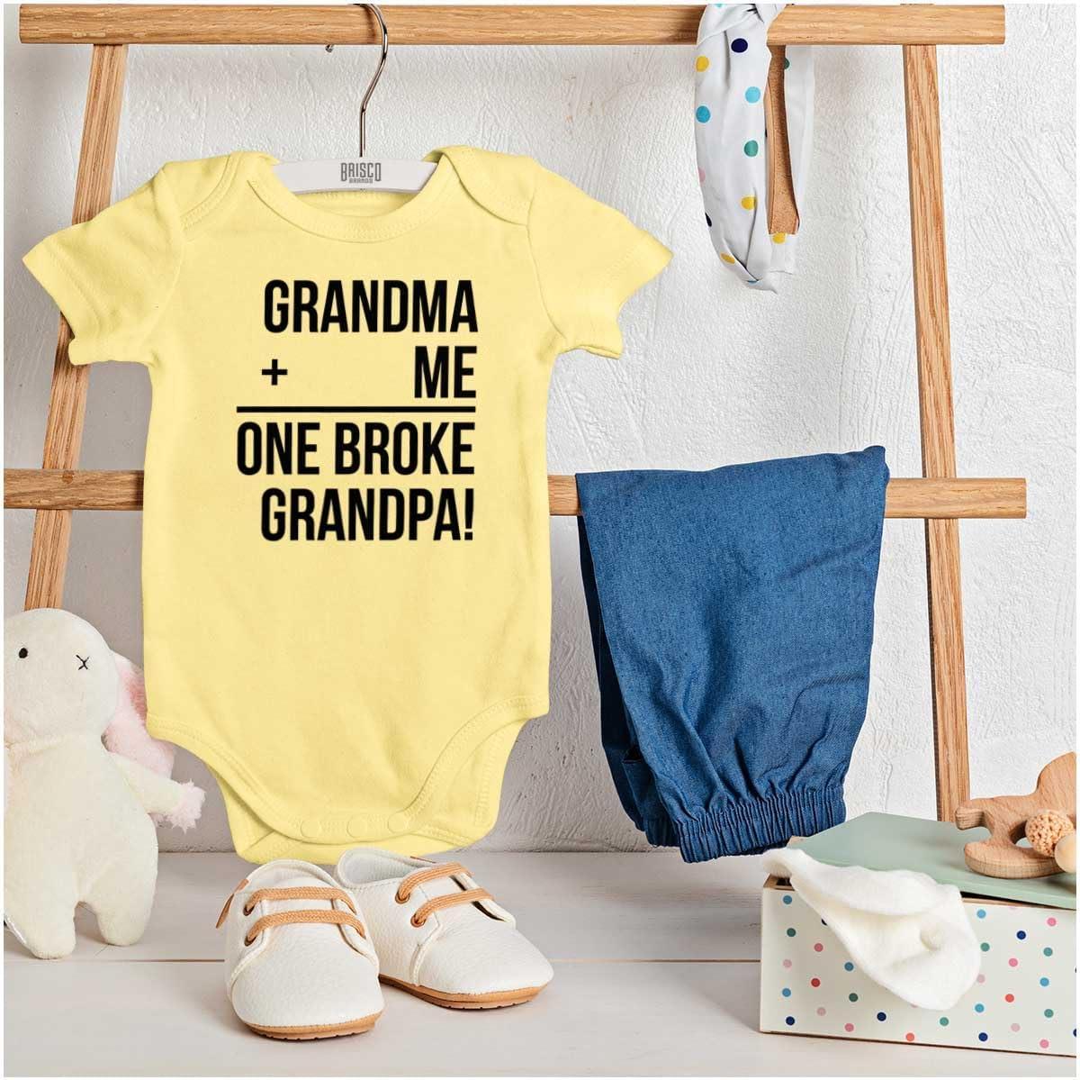 imageGrandma Plus Me Is One Broke Grandpa Baby Romper Boys or GirlsBanana