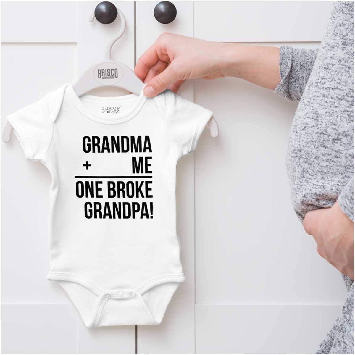 imageGrandma Plus Me Is One Broke Grandpa Baby Romper Boys or GirlsWhite