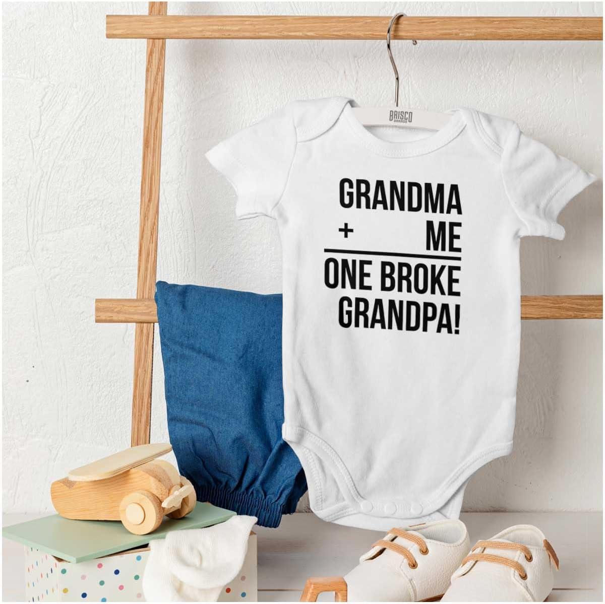 imageGrandma Plus Me Is One Broke Grandpa Baby Romper Boys or GirlsWhite